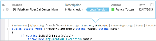 屏幕截图，显示如何在 Visual Studio 2019 中使用 CodeLens 发现主分支中进行了多少更改。