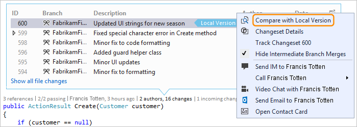 CodeLens 的屏幕截图 - 将传入的更改与 Visual Studio 2019 中的本地更改进行比较。