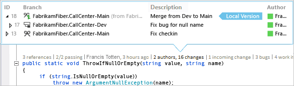 屏幕截图，显示如何在 Visual Studio 2019 中使用 CodeLens 查看分支之间的合并更改。