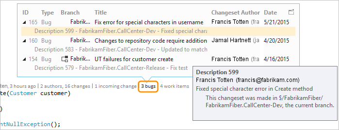 显示如何在 Visual Studio 2019 中使用 CodeLens 查找与更改集相关联的 bug 的屏幕截图。