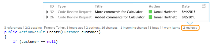 CodeLens 的屏幕截图 - 在 Visual Studio 2019 中查看代码评审请求。