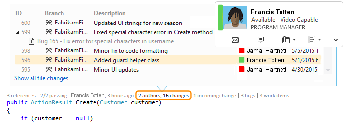 显示如何在 Visual Studio 2019 中使用 CodeLens 联系项目的所有者的屏幕截图。