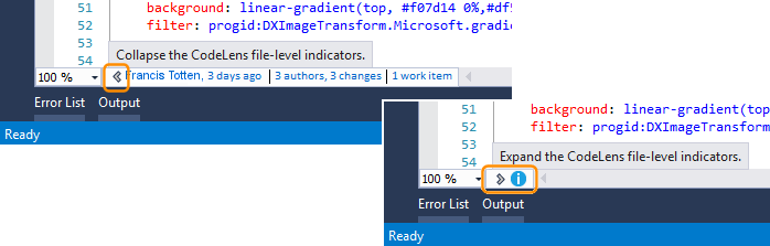 Visual Studio 2019 中打开和关闭文件级指示器的屏幕截图。