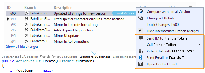 显示 Visual Studio 2019 中 CodeLens 项的“联系人”选项的屏幕截图。