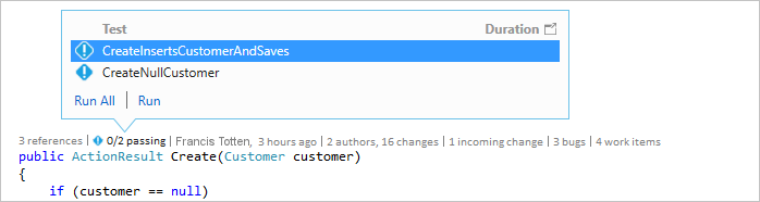 显示如何在 Visual Studio 2019 中使用 CodeLens 查看尚未运行的单元测试的屏幕截图。
