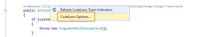 CodeLens 的屏幕截图 - 在 Visual Studio 2019 中关闭或打开指示器。