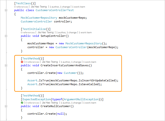 显示如何在 Visual Studio 2019 中使用 CodeLens 转到单元测试定义的屏幕截图。