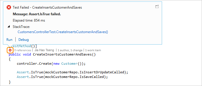 显示如何在 Visual Studio 2019 中使用 CodeLens 查看单元测试结果的屏幕截图。