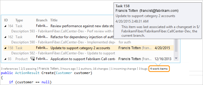 屏幕截图，显示如何在 Visual Studio 2019 中使用 CodeLens 查找特定代码的工作项。
