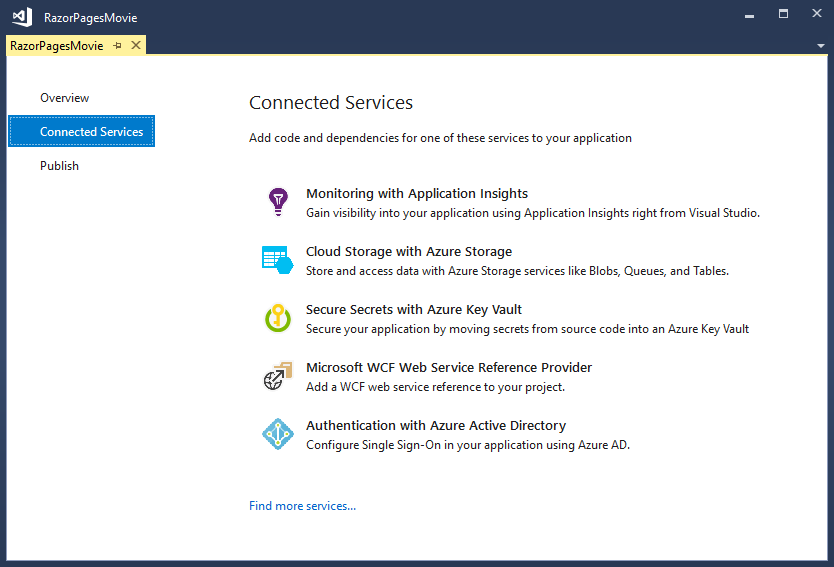 显示 Visual Studio 连接服务的屏幕截图。