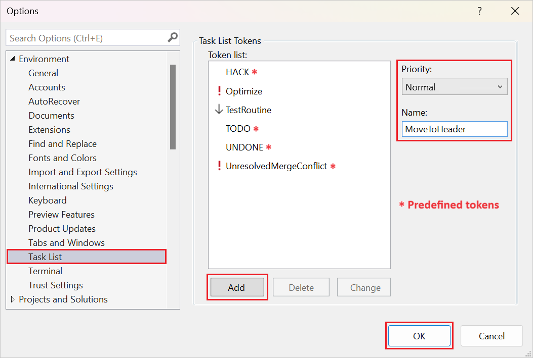 屏幕截图，显示如何在 Visual Studio 中添加任务列表的令牌，包括预定义令牌和自定义令牌。