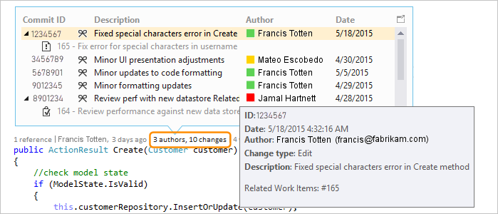屏幕截图，显示 Visual Studio 2019 中 GitHub 存储库中代码的 CodeLens 更改历史记录。