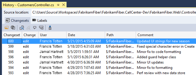 Visual Studio 2019 CodeLens 中“显示所有文件更改”选项的历史记录窗口的屏幕截图。