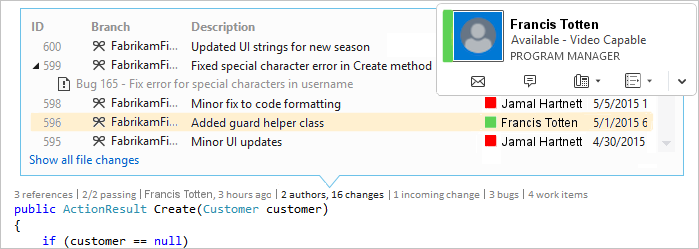 显示如何在 CodeLens for Visual Studio 2019 中联系团队的屏幕截图。