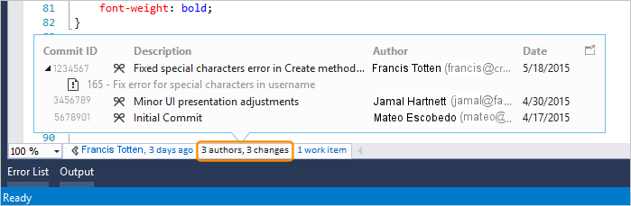 显示 Visual Studio 2019 中文件级别的 CodeLens 详细信息的屏幕截图。