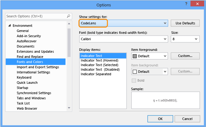显示如何在 Visual Studio 2019 中更改 CodeLens 的字体和颜色设置的屏幕截图。