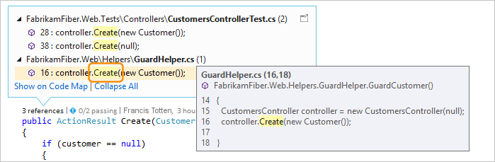 屏幕截图，显示如何通过 CodeLens 的“引用查看”功能查看 Visual Studio 2019 中的引用文件。