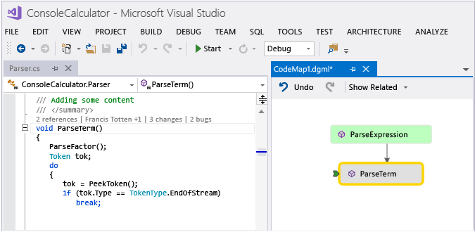 屏幕截图，显示如何在 Visual Studio 2019 中使用 CodeLens 创建引用的代码映射。