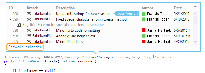 显示如何在 CodeLens for Visual Studio 2019 中选择“显示所有文件更改”选项的屏幕截图。
