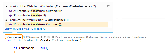 显示如何在 Visual Studio 2019 中选择 CodeLens 引用选项的屏幕截图。
