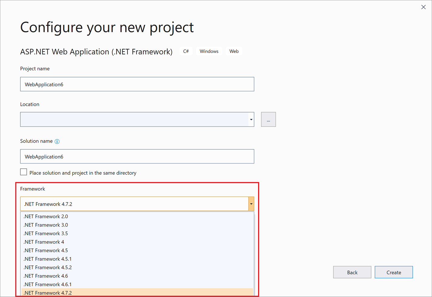 Visual Studio 2019 中框架下拉列表的屏幕截图。