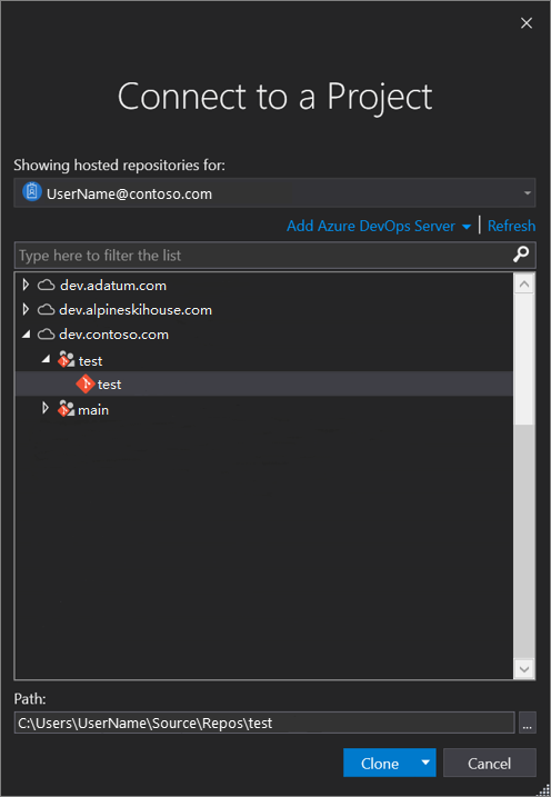 Visual Studio 2019 版本 16.8 及更高版本中“连接到项目”对话框的屏幕截图。