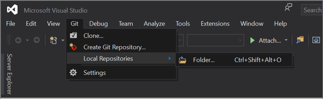 Visual Studio 2019 版本 16.8 及更高版本中 Git 菜单的屏幕截图，其中展开了“本地存储库”选项。