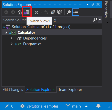解决方案资源管理器中 Git 项目的屏幕截图，其中突出显示了 Visual Studio 2019 版本 16.8 及更高版本中的“切换视图”。