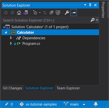 在 Visual Studio 2019 版本 16.8 及更高版本的解决方案资源管理器中打开的 Git 项目的屏幕截图。