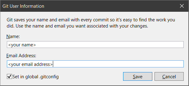 Git 用户信息对话框的屏幕截图，可在 Visual Studio 2019 版本 16.8 及更高版本中编辑帐户信息。