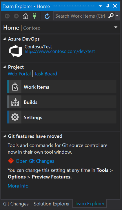 Visual Studio 2019 版本 16.8 及更高版本中“团队资源管理器”对话框的屏幕截图。