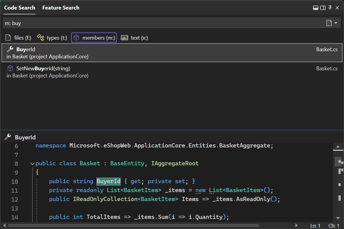 屏幕截图显示 Visual Studio 2022 版本 17.6 或更高版本中的一站式搜索体验。