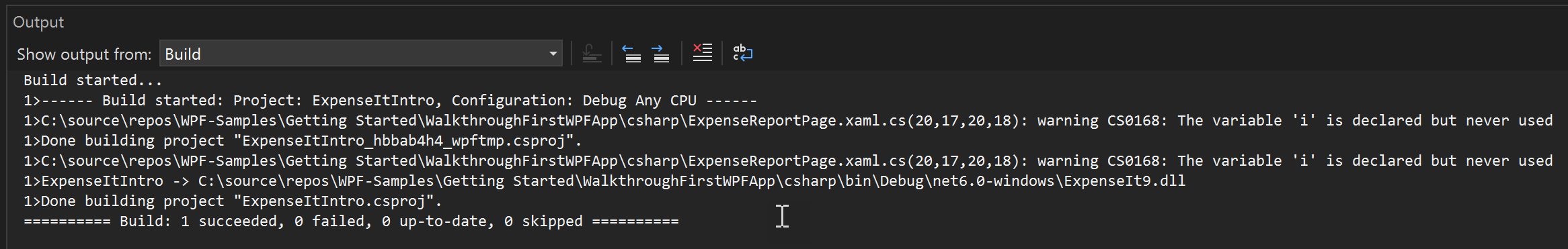C# 的“输出”窗口中生成警告的屏幕截图。