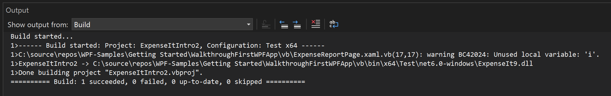 Visual Basic 的“输出”窗口中构建警告的屏幕截图。