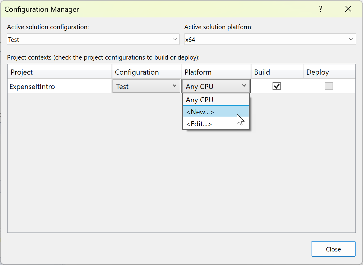 显示在 Configuration Manager 中创建新项目平台的屏幕截图。