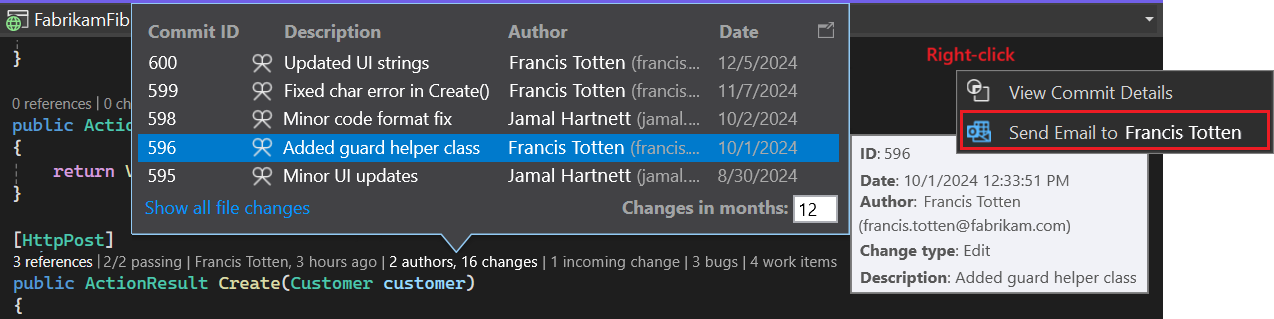 显示如何在 CodeLens for Visual Studio 中查看团队成员所做的更改的详细信息的屏幕截图。