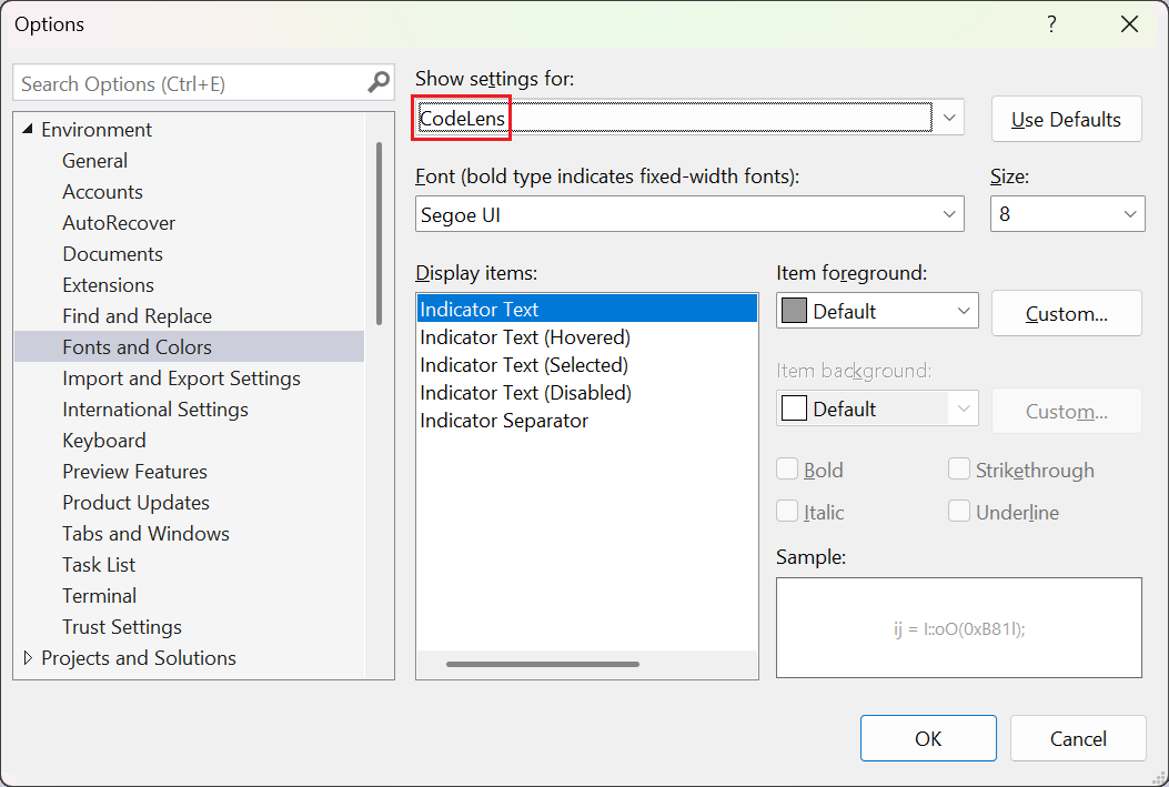 显示如何在 Visual Studio 中更改 CodeLens 的字体和颜色设置的屏幕截图。