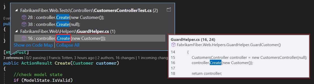 屏幕截图显示了如何通过使用 Visual Studio 的“CodeLens - 引用预览”功能查看带有引用的文件。