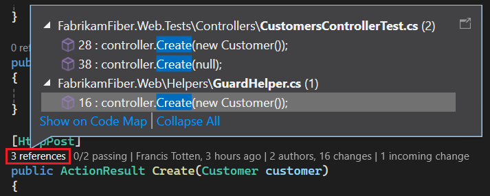 显示如何在 Visual Studio 中选择 CodeLens 引用选项的屏幕截图。