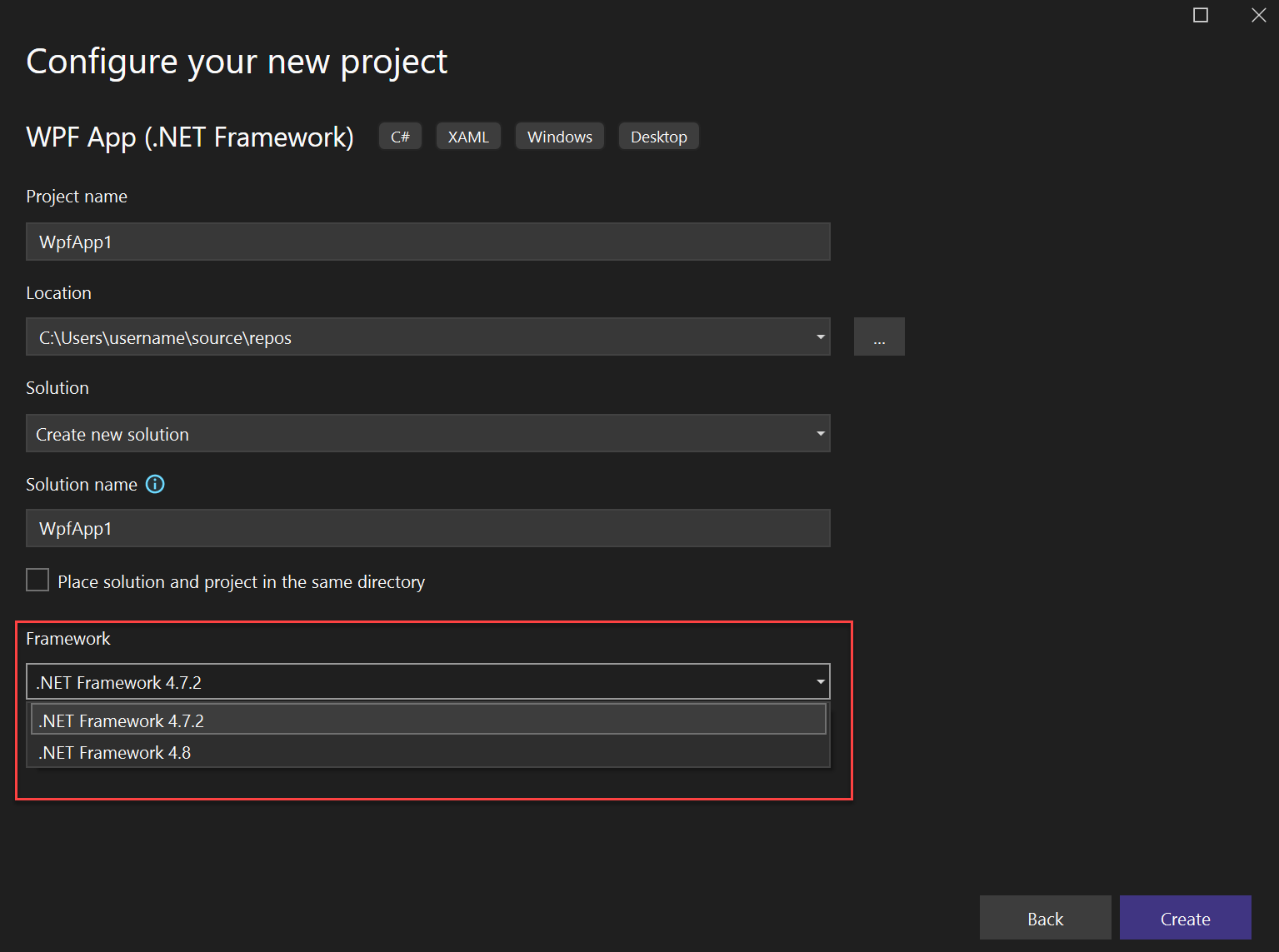 Visual Studio 2022 中框架下拉列表的屏幕截图。