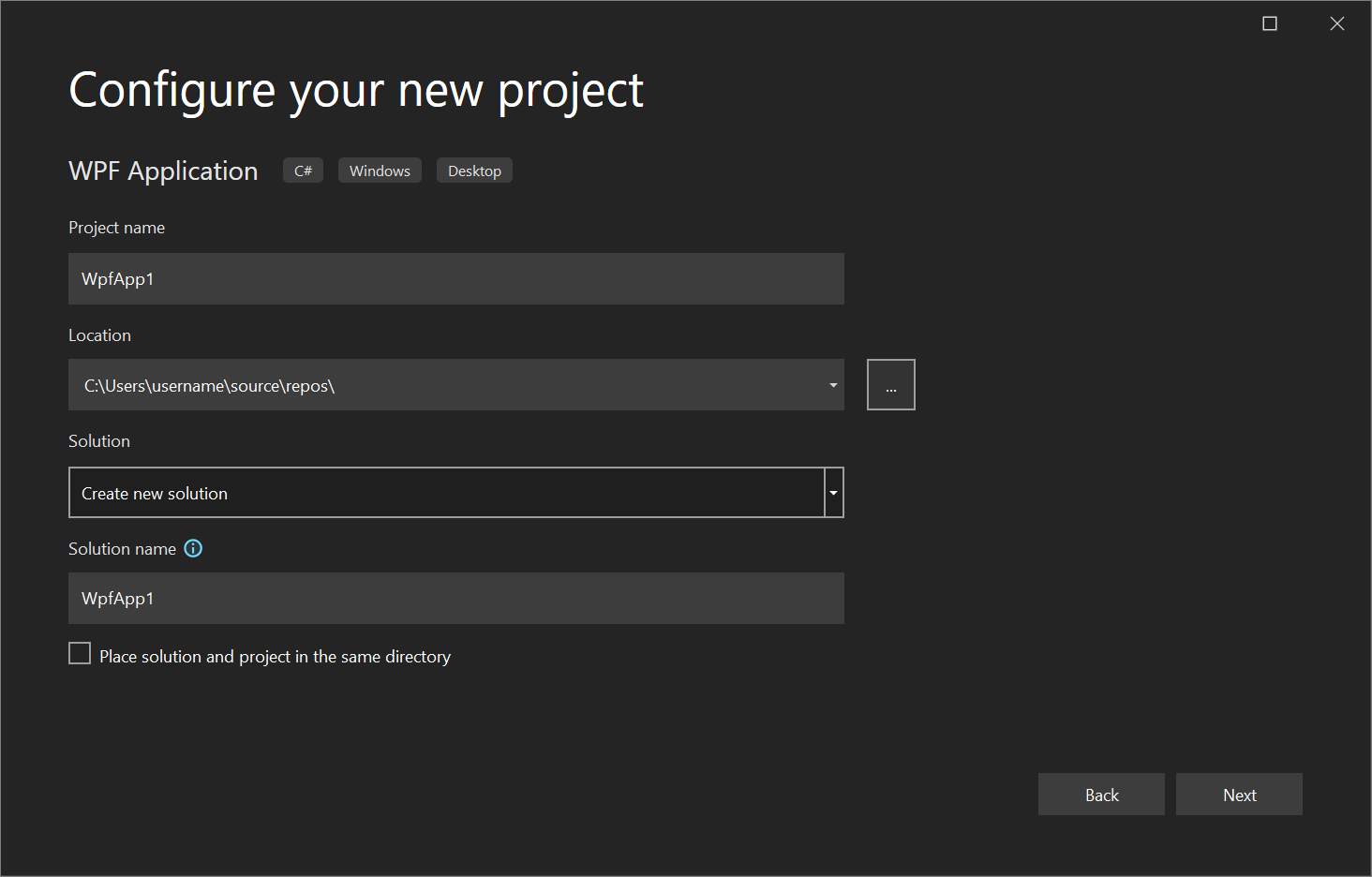 Visual Studio 2022 中“配置新项目”对话框的屏幕截图。