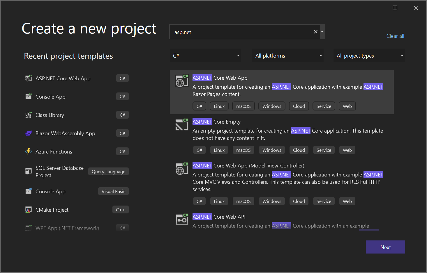 Visual Studio 2022 中项目模板筛选器的屏幕截图。