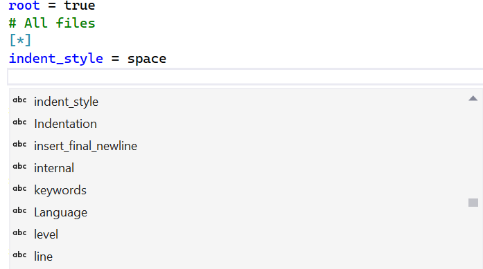 显示 EditorConfig 文件中 IntelliSense 的屏幕截图。