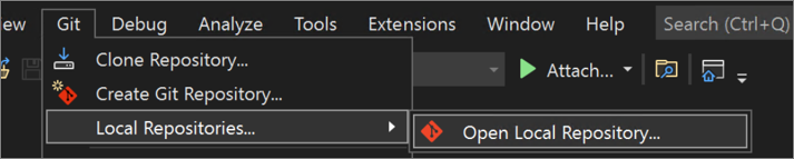 Visual Studio 2022 中 Git 菜单的屏幕截图，其中显示了“本地存储库”和“打开本地存储库”。