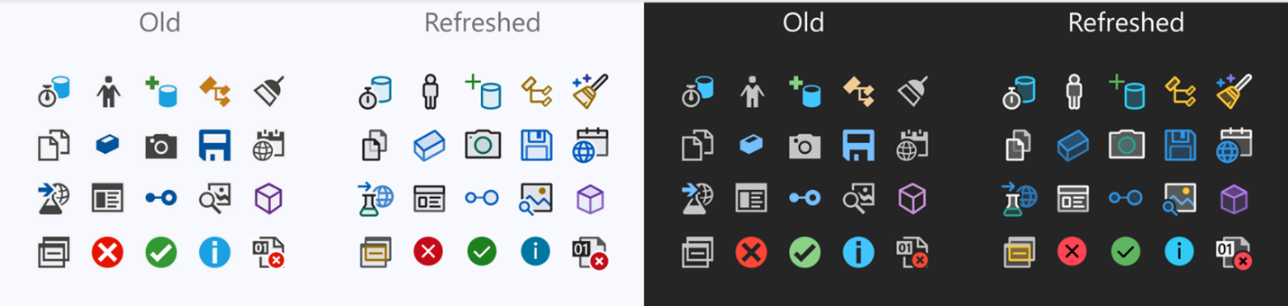 屏幕快照显示了 Visual Studio 中之前的图标和刷新后的图标之间的对比。