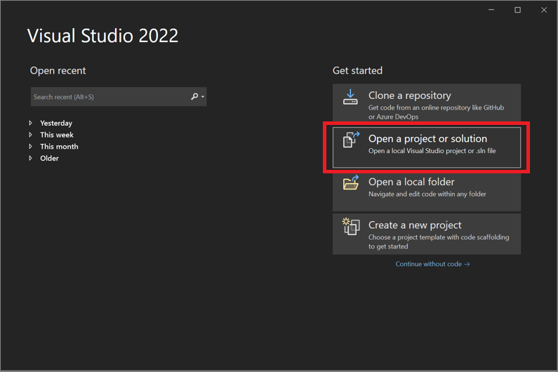 Visual Studio 2022 中“打开项目或解决方案”窗口的屏幕截图。
