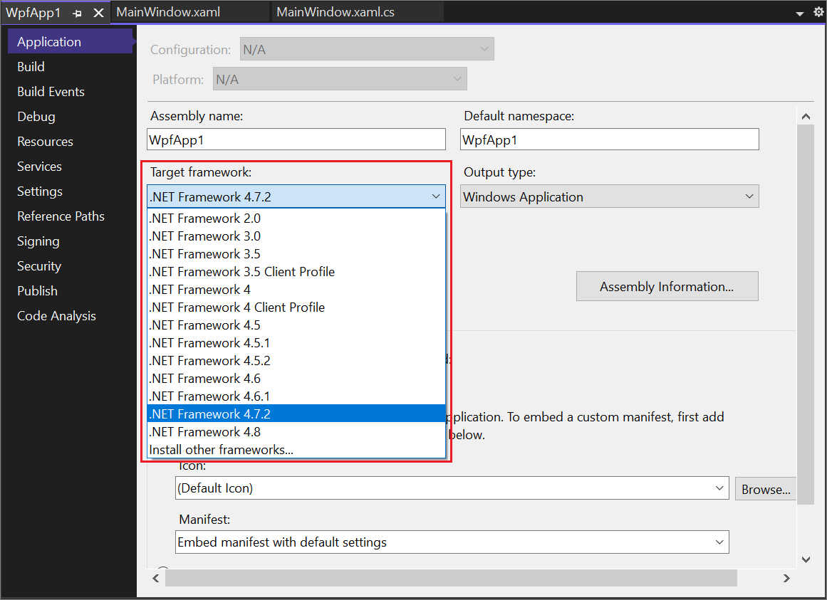 突出显示了 .NET Framework 选项的“项目属性”对话框的屏幕截图。