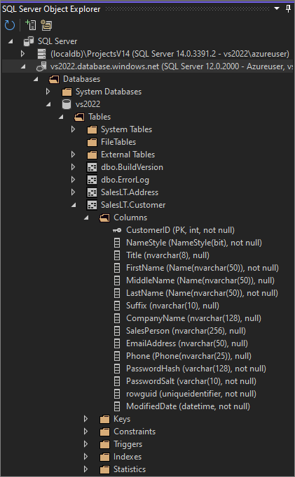 显示“SQL Server 对象资源管理器”窗口的屏幕截图。