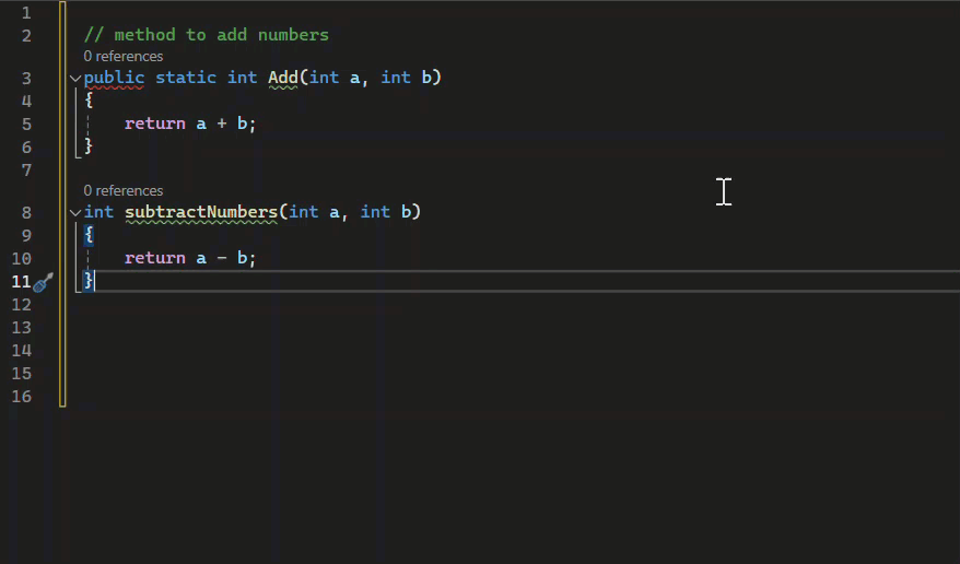 显示在 Visual Studio 中使用 GitHub Copilot 补全的动画屏幕截图。