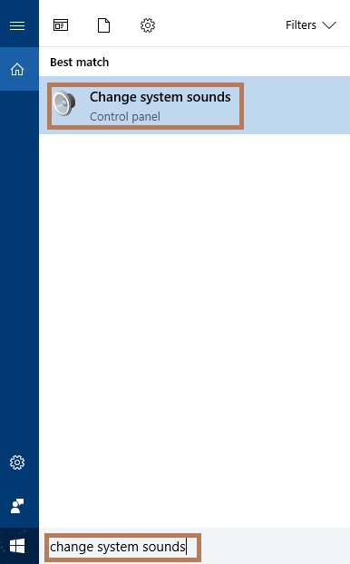 Windows 10 中“更改系统声音”搜索结果的屏幕截图。